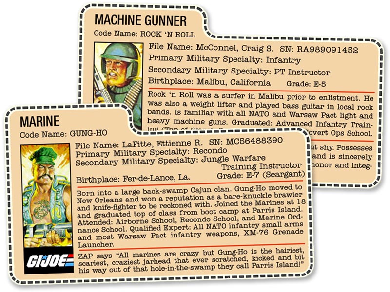 G.I. Joe file cards, codenames Rock 'N Roll and Gung-Ho